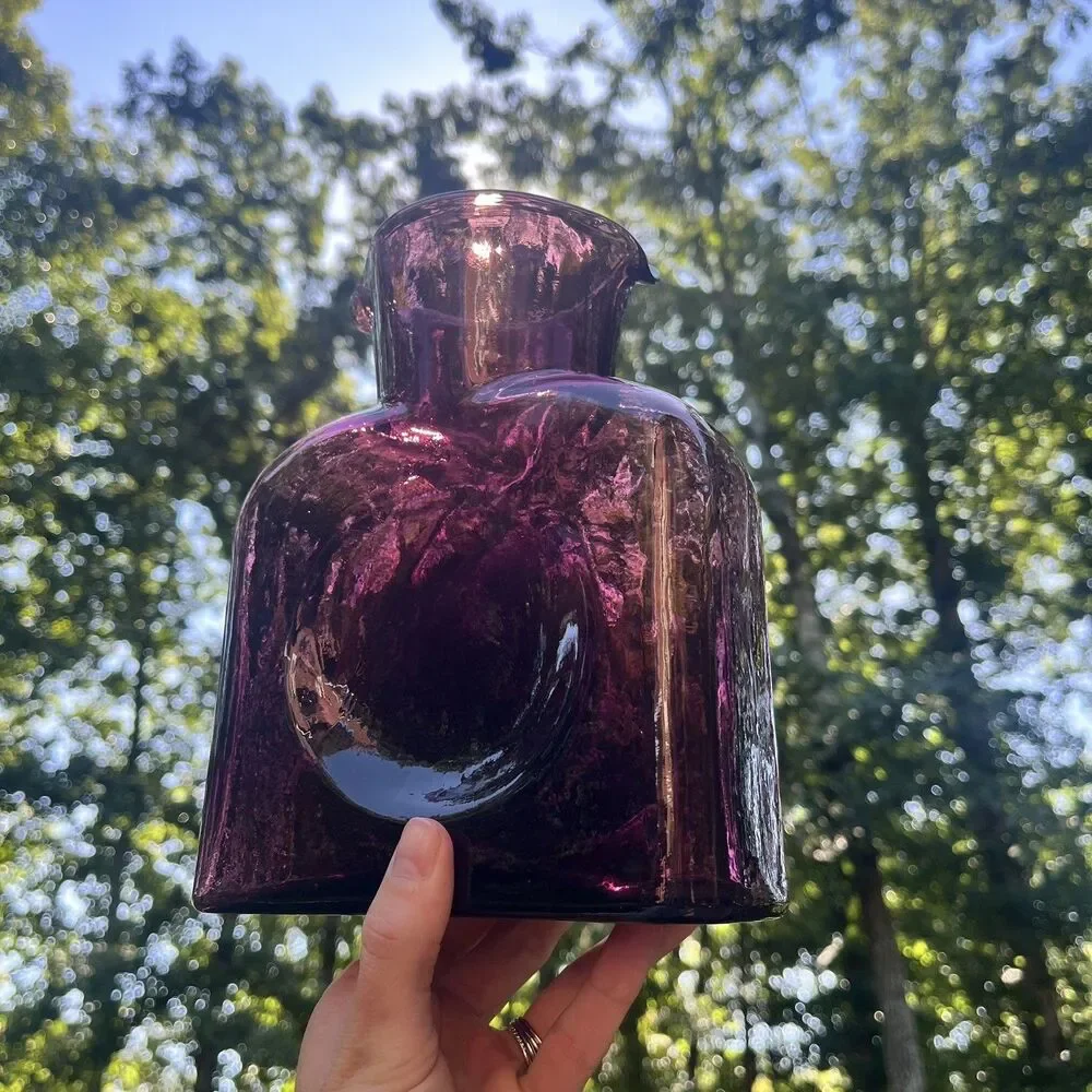 Blenko #384 Amethyst Double Spout Water Bottle Hand Blown MCM Glass 2001 Signed